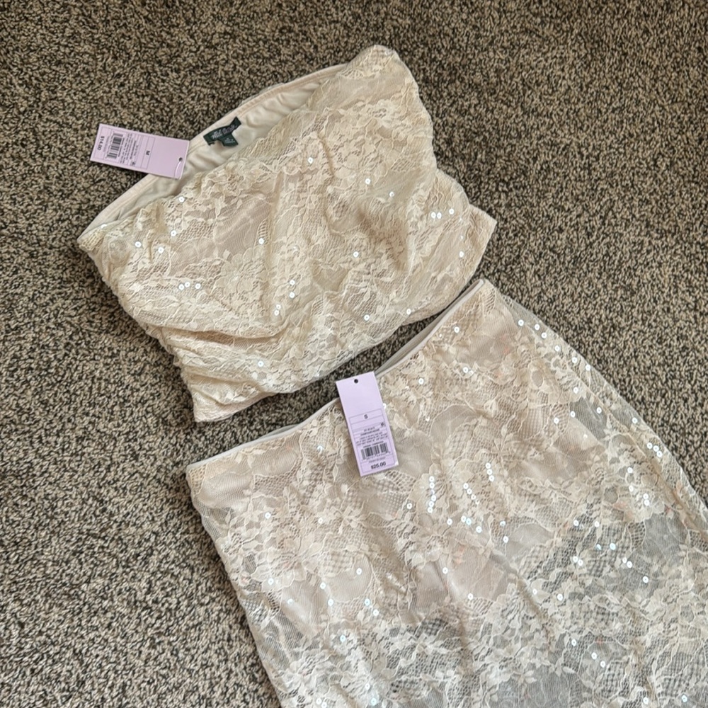 wild fable Cream Lace Sequin Midi Skirt Set
